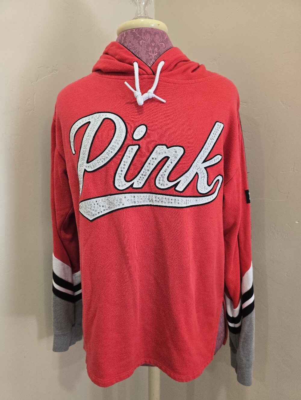 Victoria's Secret PINK Y2K Hoodie Sweater Varsity Rhinestone Bling Red Sz Small